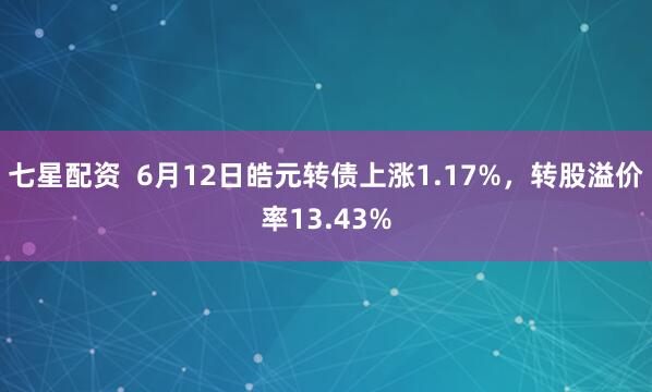 七星配资  6月12日皓元转债上涨1.17%，转股溢价率13.43%
